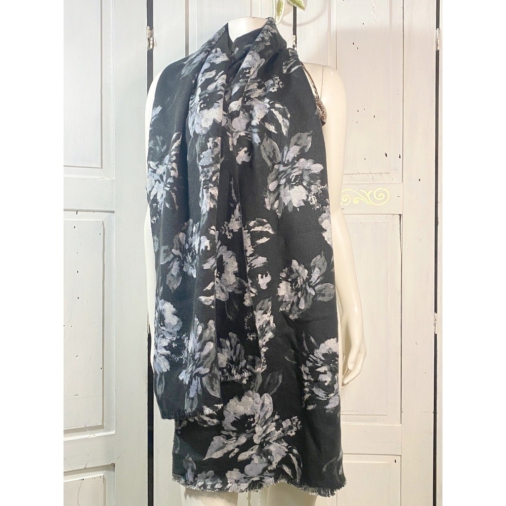 Lands' End Dual Pattern Scarf‎ Black Gray Roses Polka Dots Whimsigoth Noir